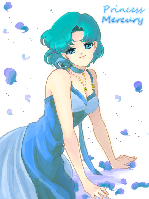 1990s_(style), 1girl, bad_id, bad_pixiv_id, bishoujo_senshi_sailor_moon, blue_dress, blue_eyes, blue_hair, blue_theme, character_name, choker, dress, female_focus, gown, jewelry, matching_hair/eyes, mizuno_ami, nrets, petals, princess, princess_mercury, retro_artstyle, short_hair, simple_background, smile, solo, tegaki, white_background