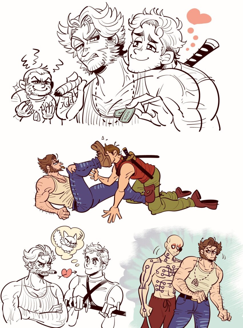 3boys, :3, abs, arm_hair, arrow_through_heart, bald, belt, brothers