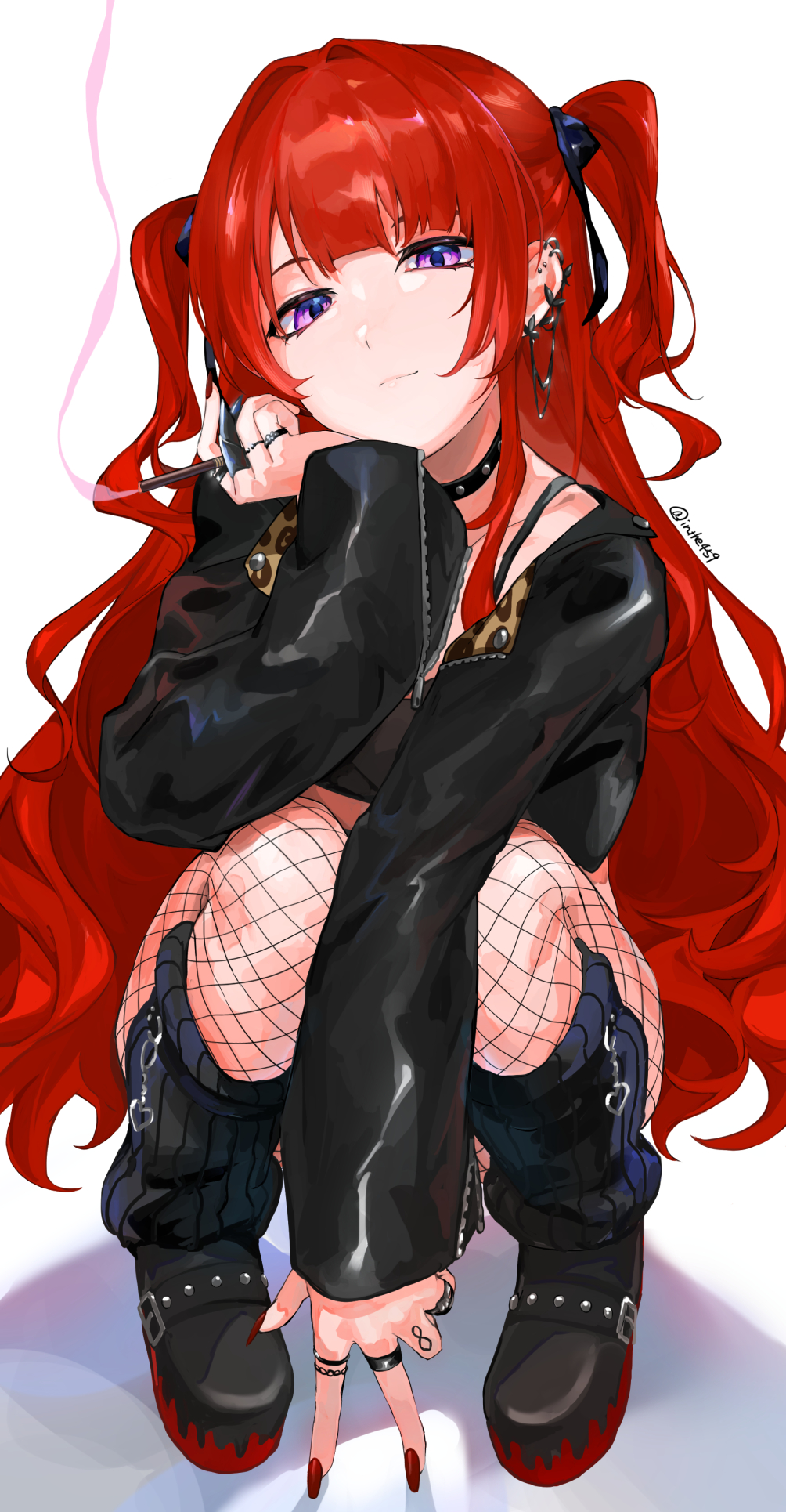 1girl, aoijigoku, cigarette, hair_ribbon, highres, holding, holding_cigarette, indie_virtual_youtuber