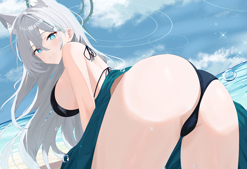 1girl, absurdres, ahoge, alternate_costume, animal_ear_fluff, animal_ears, ass, bikini