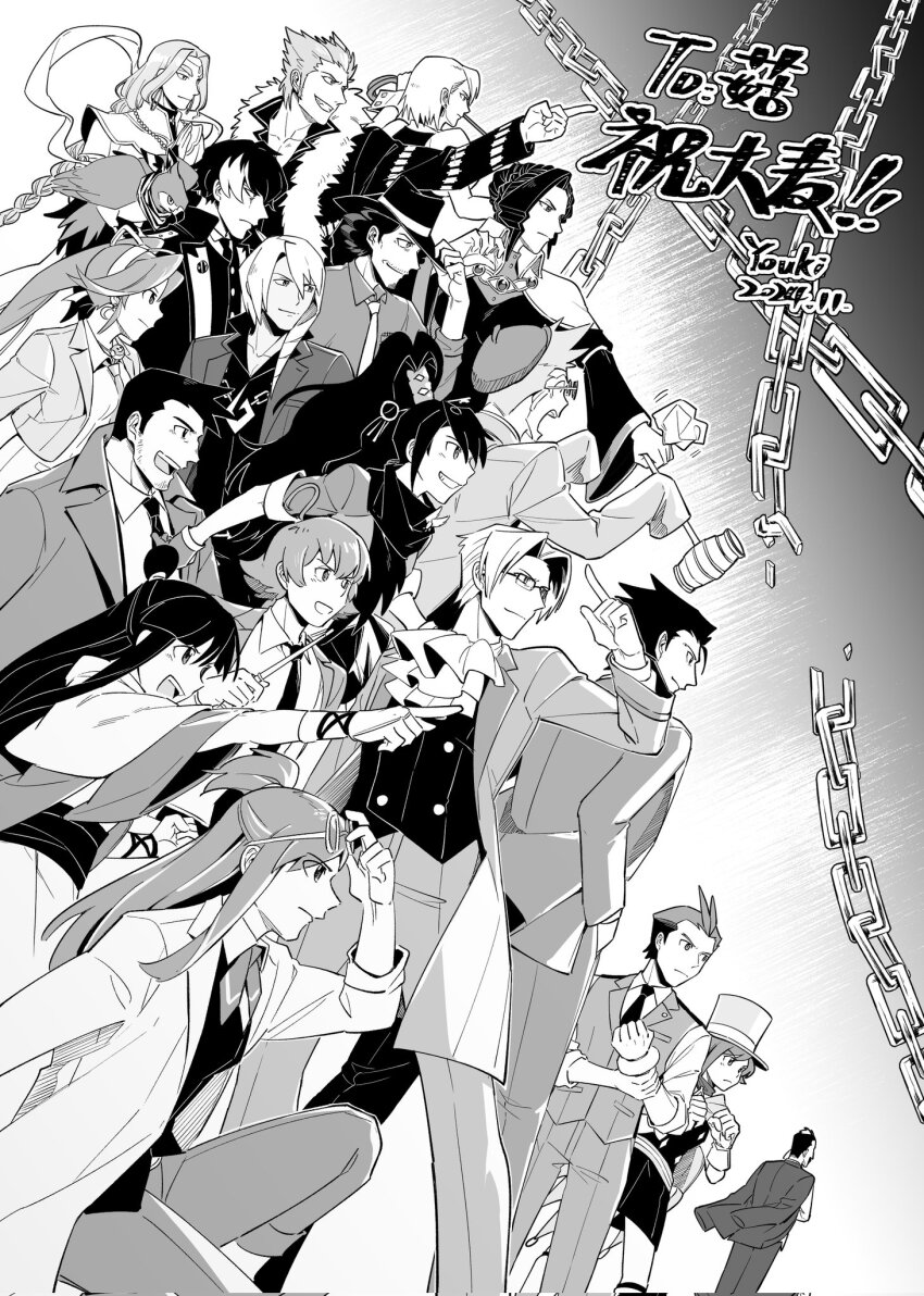 6+boys, 6+girls, ace_attorney, ace_attorney_investigations, ace_attorney_investigations:_miles_edgeworth, ace_attorney_investigations_2:_prosecutor's_gambit, adjusting_clothes, adjusting_headwear, ahoge, apollo_justice, apollo_justice:_ace_attorney, ascot, athena_cykes, beard_stubble, broken, broken_chain, buttons, capelet, chain, chain_necklace, coat, commentary_request, conductor_baton, corrupted_twitter_file, crescent, crescent_earrings, dick_gumshoe, double-breasted, dress, drill_hair, earrings, eddie_fender, ema_skye, eustace_winner, facial_hair, fedora, formal_clothes, franziska_von_karma, fur-trimmed_jacket, fur_trim, gavel, gloves, greyscale, hairband, hand_in_pocket, hanten_(clothes), hat, highres, holding, holding_baton, holding_whip, jacket, japanese_clothes, jewelry, kay_faraday, kimono, klavier_gavin, lab_coat, larry_butz, long_hair, looking_to_the_side, maya_fey, medium_hair, miles_edgeworth, monochrome, multiple_boys, multiple_girls, mustache_stubble, nahyuta_sahdmadhi, necklace, necktie, obi, open_clothes, open_coat, open_jacket, outstretched_arm, pants, phoenix_wright, phoenix_wright:_ace_attorney_-_dual_destinies, phoenix_wright:_ace_attorney_-_spirit_of_justice, pointing, ribbon, sash, shelly_de_killer, shi-long_lang, short_hair, simon_blackquill, stubble, suit, suit_jacket, taka_(ace_attorney), top_hat, topknot, trucy_wright, verity_gavelle, vest, youki_lee