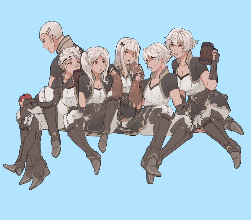 3boys, 3girls, apple, blue_background, blunt_bangs, boots, boy_and_girl_sandwich, bread