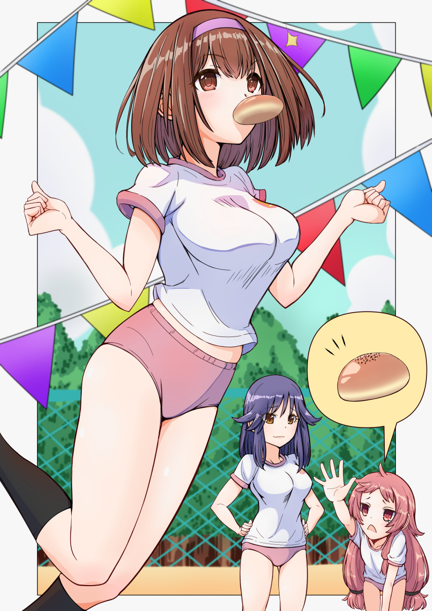 3girls, absurdres, bloomers, bob_cut, bread_bun, breasts, brown_eyes, brown_hair, chain-link_fence, closed_mouth, fence, goro_yuuharu, gym_shirt, gym_shorts, gym_uniform, hair_between_eyes, hairband, hand_on_own_hip, highres, jumping, large_breasts, leaning_forward, light_smile, long_hair, looking_up, low-tied_long_hair, low_twintails, makoto_(princess_connect!), makoto_(real)_(princess_connect!), multiple_girls, outdoors, outstretched_hand, pink_bloomers, pink_eyes, pink_hair, pink_hairband, princess_connect!, purple_hair, rin_(princess_connect!), rin_(real)_(princess_connect!), shirt, short_hair, short_sleeves, shorts, sidelocks, standing, twintails, underwear, very_long_hair, yellow_eyes, yui_(princess_connect!), yui_(real)_(princess_connect!)