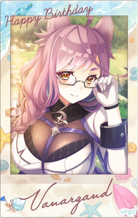 1girl, adjusting_eyewear, ahoge, animal_ears, braid, breasts, character_name, closed_mouth