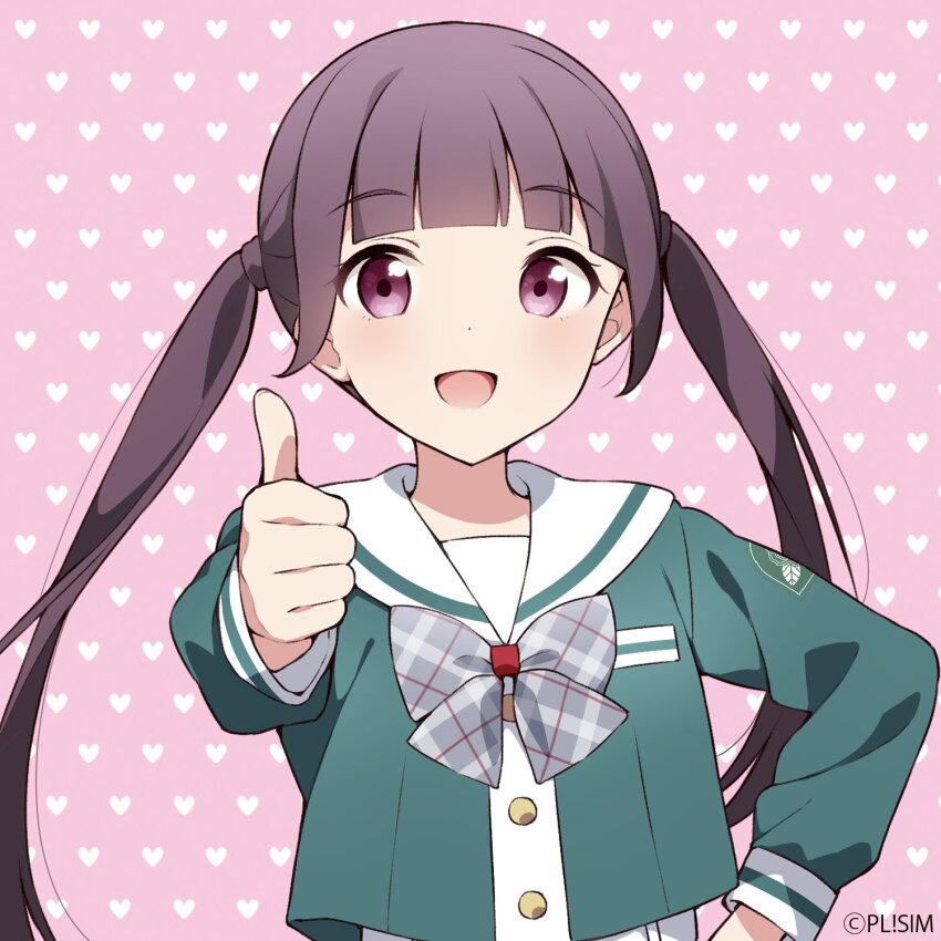 1girl, :d, arched_bangs, bow, bowtie, commentary_request, copyright_notice, green_shirt