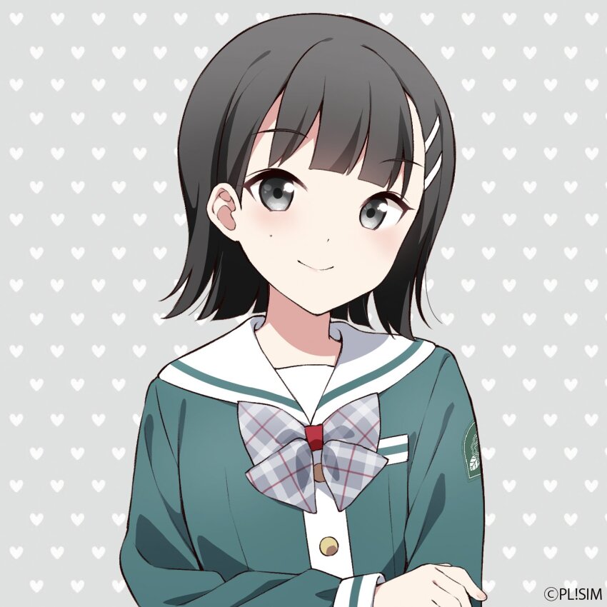 1girl, black_hair, blunt_bangs, bow, bowtie, breast_pocket, commentary_request, copyright_notice