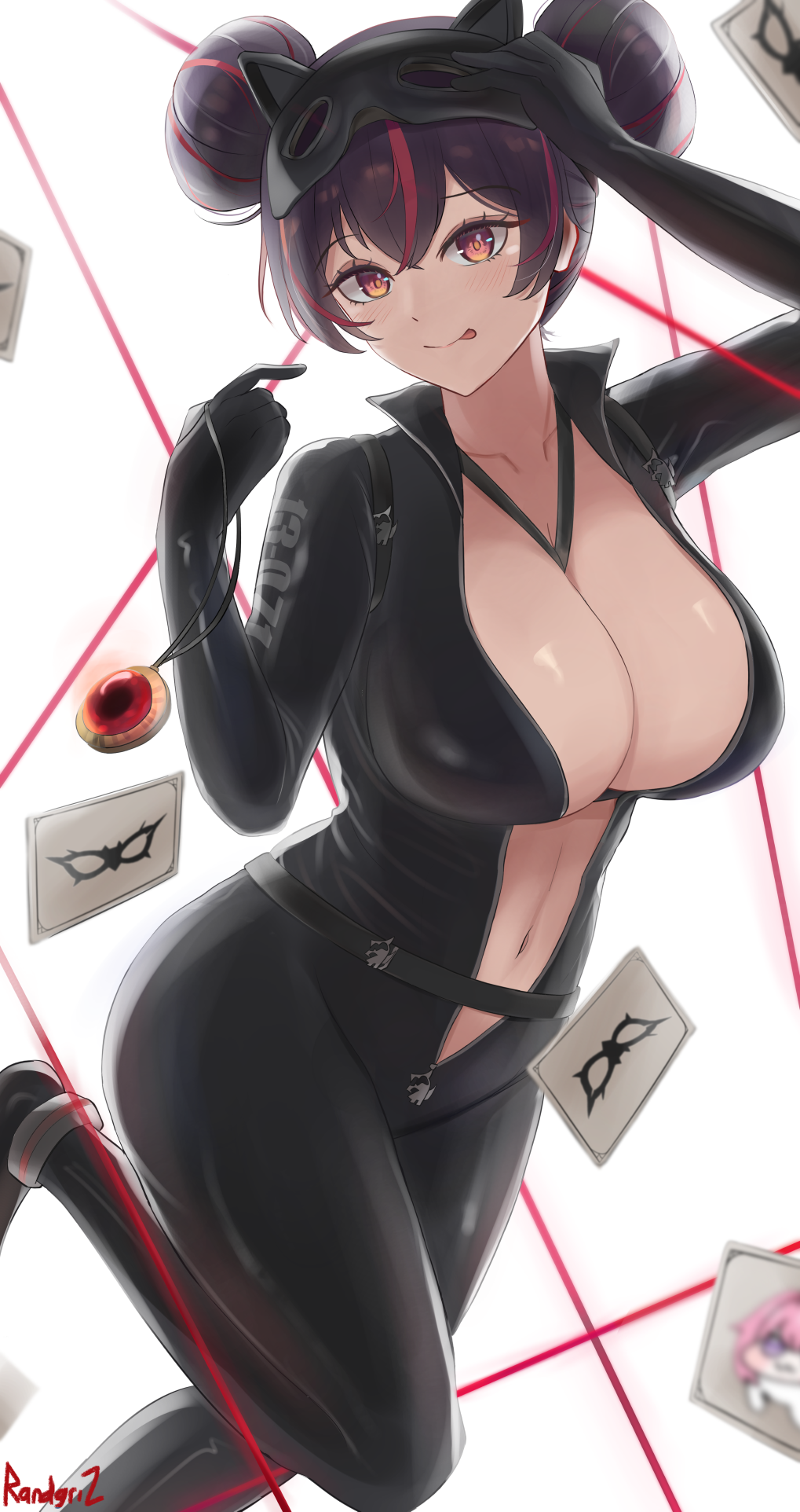 1girl, biker_clothes, bikesuit, bodysuit, breasts, cleavage, goddess_of_victory:_nikke, highres, large_breasts, latex, latex_bodysuit, quency_(escape_queen)_(nikke), quency_(nikke), randgriz96, solo, stomach