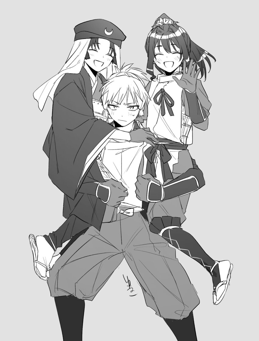 3boys, armor, black_hair, closed_eyes, closed_mouth, cousins, gloves, hakama