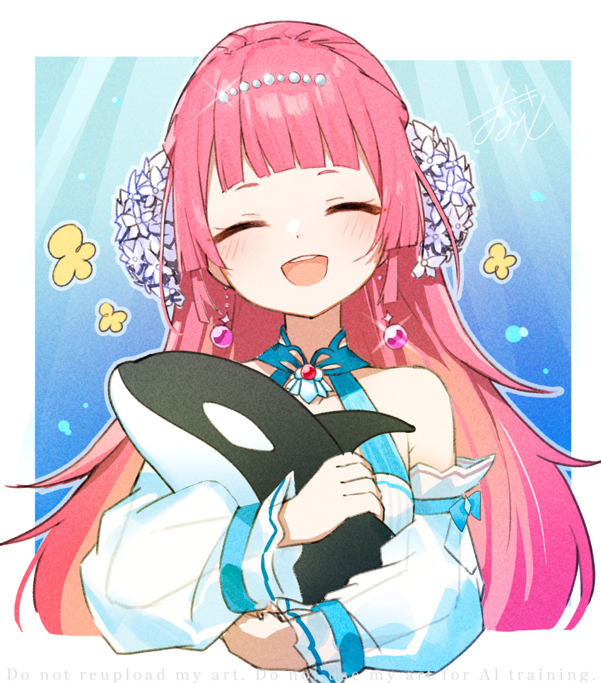 blunt_bangs, blush, breasts, closed_eyes, collarbone, detached_sleeves, dress, grin, heaven_burns_red, highres, long_hair, mizuhara_aina, mizuhara_aina_(deep_blue_affection), multicolored_dress, pink_hair, rinki_oohen, see-through_clothes, see-through_sleeves, smile, stuffed_toy