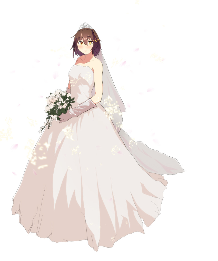 1girl, absurdres, alternate_costume, bouquet, bridal_veil, bride, brown_eyes, brown_hair