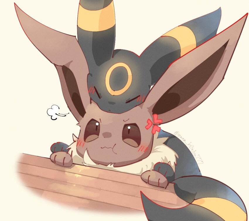 :t, anger_vein, animal_focus, annoyed, black_fur, brown_fur, cuddling, eevee