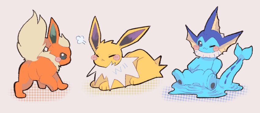 :<, :3, animal_focus, blush_stickers, closed_eyes, flareon, from_behind, full_body