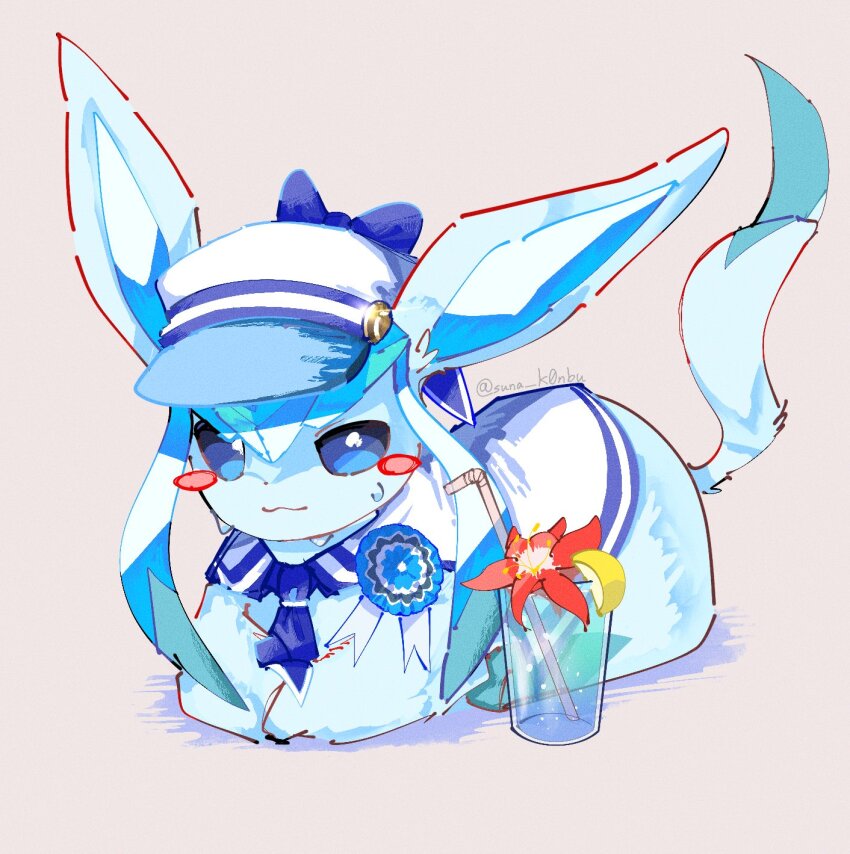 animal_focus, blue_sclera, blush_stickers, cat_loaf, clothed_pokemon, colored_sclera, drink, full_body, gen_4_pokemon, glaceon, glaceon_(summer_sailor), grey_background, hat, highres, lying, nintendo, no_humans, on_stomach, pokemon, pokemon_(creature), pokemon_cafe_remix, pokemon_focus, simple_background, smile, solo, suna_k0nbu, sweat, two-tone_hat