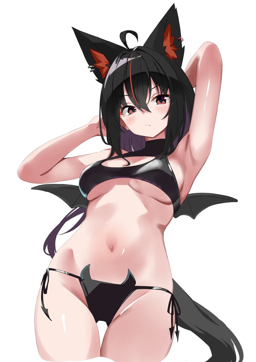 1girl, absurdres, animal_ears, arms_behind_head, bikini, black_bikini, black_hair, breasts