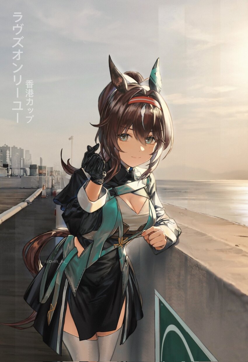 1girl, animal_ears, aqua_eyes, asama_(drift_in), black_gloves, breasts, brown_hair, cleavage