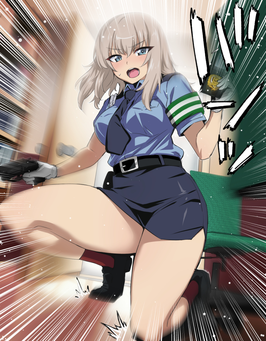 1girl, armband, blue_eyes, blue_necktie, blue_shirt, blue_skirt, commentary_request, cosplay, girls_und_panzer, gloves, green_armband, grey_hair, gun, handgun, highres, itsumi_erika, japan_national_police, looking_at_viewer, miniskirt, nakahira_guy, necktie, new_nambu_m60, pencil_skirt, police, police_badge, police_uniform, policewoman, revolver, shirt, side_slit, skirt, solo, sound_effects, squatting, textless_version, thighs, weapon, white_gloves