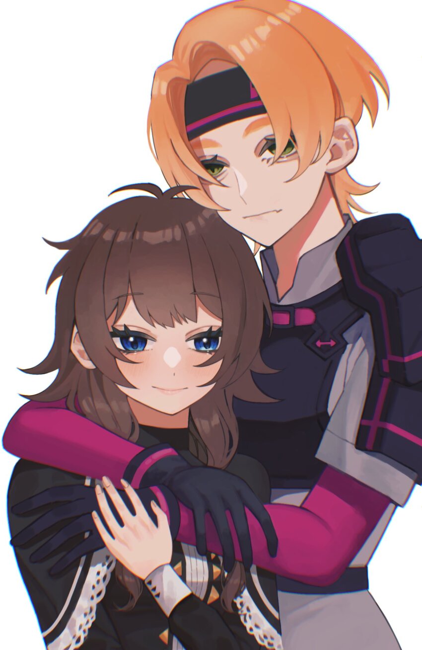 1boy, 1girl, black_dress, black_gloves, blue_eyes, brown_hair, dress, gloves