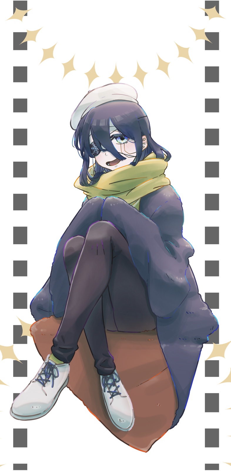 1girl, black_hair, blue_eyes, coat, eyepatch, facial_mark, hat, highres, mashle, medium_hair, megane_ox4, open_mouth, scarf, shoes, sitting, snowflake_print, solo, tsurara_halestone, white_hat, white_shoes, yellow_scarf