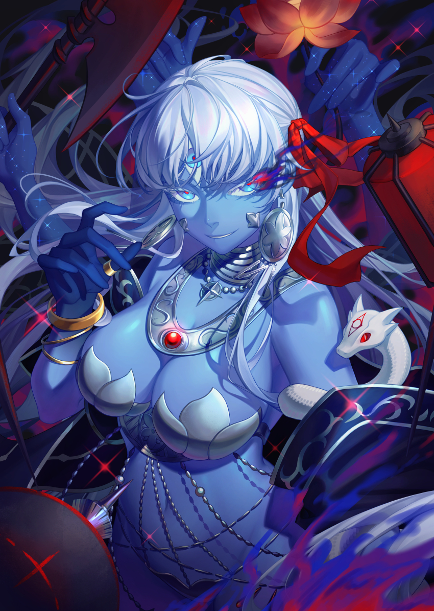 1girl, absurdres, armor, axe, bare_shoulders, belly_chain, bikini_armor, blue_eyes