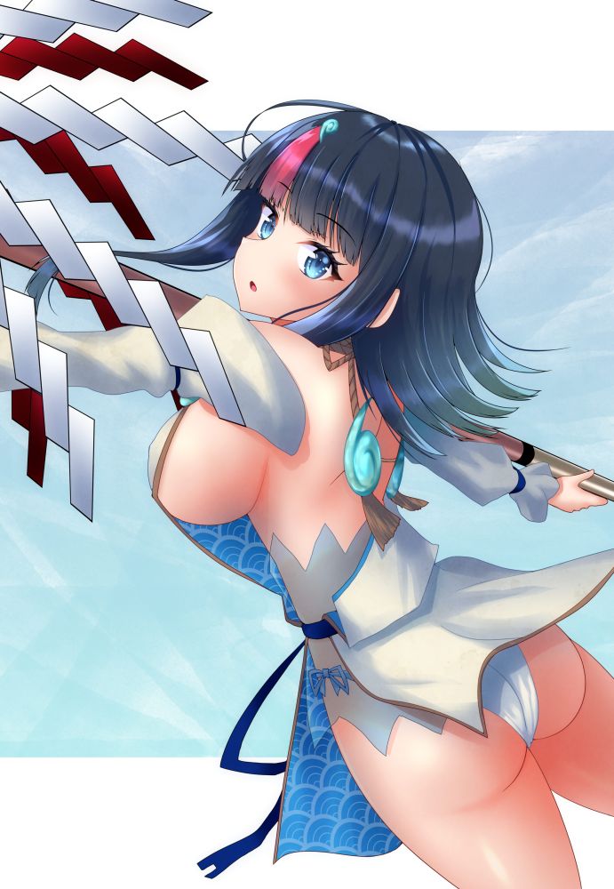 1girl, ass, back, bare_shoulders, black_hair, blue_eyes, blue_ribbon, blush