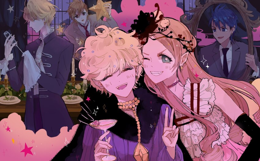 2girls, 3boys, blonde_hair, blue_eyes, blush, cape, chocolat_meilleure, commentary_request