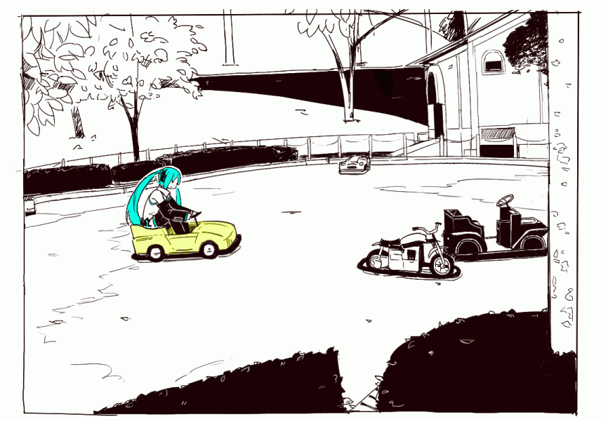 bad_id, bad_pixiv_id, blue_hair, bumper_car, hatsune_miku, long_hair, monochrome, motor_vehicle