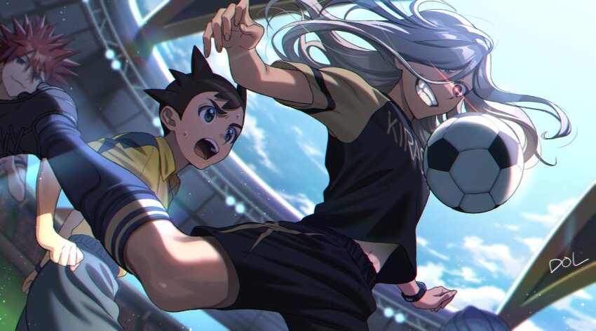 3boys, ball, black_footwear, black_hair, black_shirt, black_shorts, blue_sky, blue_socks, cloud, dark-skinned_male, dark_skin, dolustoy, green_eyes, grey_hair, haizaki_ryouhei, highres, inamori_asuto, inazuma_eleven_(series), inazuma_eleven_ares_no_tenbin, kneehighs, long_hair, male_focus, midriff_peek, multiple_boys, open_mouth, playing_sports, raimon, raimon_soccer_uniform, red_eyes, red_hair, sasotsuka_eiji, seishou_gakuen, shirt, shorts, sky, soccer, soccer_ball, soccer_uniform, socks, spiked_hair, sportswear, stadium, sweat, wristband, yellow_shirt