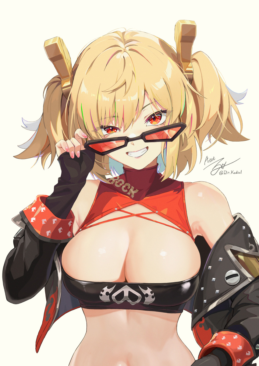 1girl, absurdres, artist_name, black_jacket, blonde_hair, breasts, burnice_white, cleavage, commentary, english_commentary, green_hair, highres, jacket, kadiel, large_breasts, long_sleeves, looking_at_viewer, multicolored_hair, open_clothes, open_jacket, pink_hair, red_eyes, short_hair, signature, smile, solo, sunglasses, twintails, upper_body, zenless_zone_zero