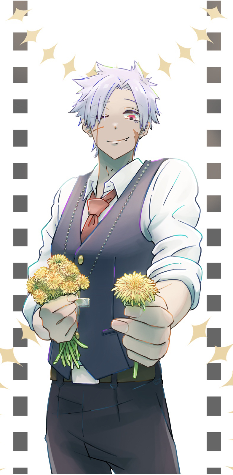 1boy, belt, black_pants, collared_shirt, dandelion, facial_mark, fang, flower