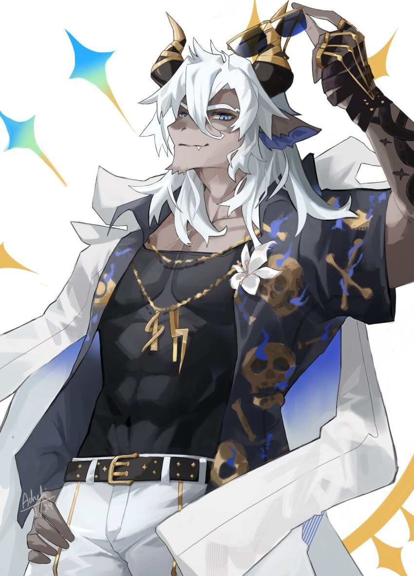 1boy, abs, acheki, alchemy_stars, animal_ears, bara, belt, black_shirt