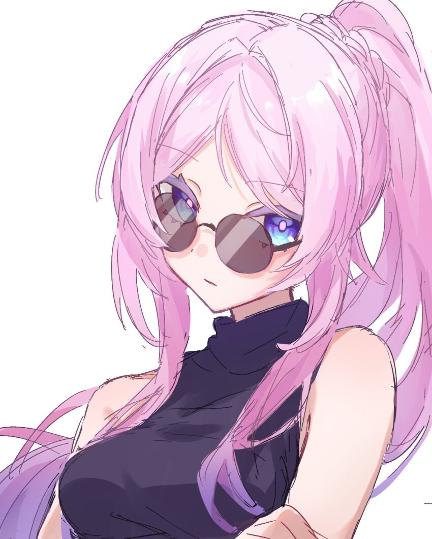 1girl, bare_shoulders, black_shirt, blue_eyes, breasts, citlali_(genshin_impact), genshin_impact, high_ponytail, highres, long_hair, looking_at_viewer, medium_breasts, pink_hair, ponytail, round_eyewear, shirt, simple_background, sleeveless, sleeveless_shirt, solo, sunglasses, temtem_onigiri, turtleneck, turtleneck_shirt, upper_body, white_background