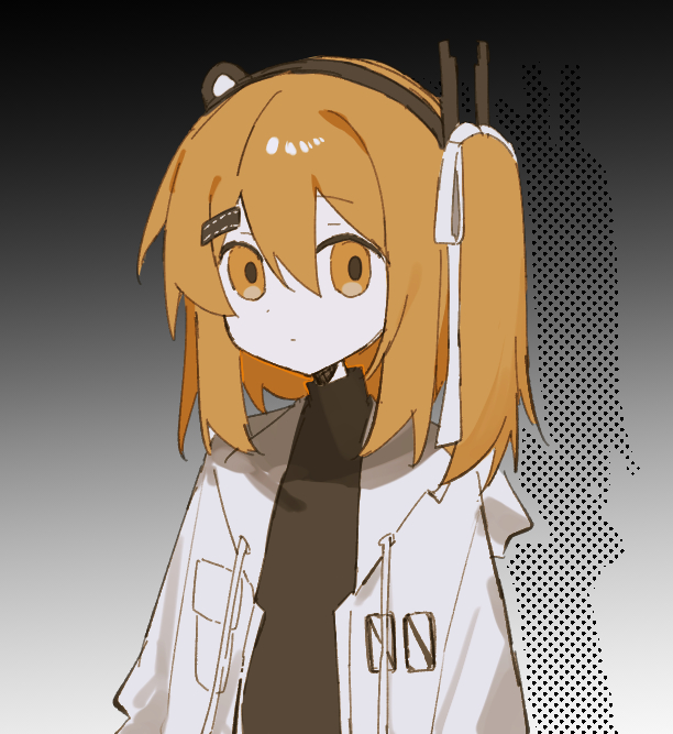 1girl, a.i._voice, adachi_rei, arms_at_sides, black_shirt, breast_pocket, closed_mouth, expressionless, flat_chest, hair_ornament, hair_ribbon, hairclip, headlamp, jacket, kurage_mi404, long_sleeves, looking_at_viewer, medium_hair, open_clothes, open_jacket, orange_eyes, orange_hair, pocket, radio_antenna, ribbon, shirt, side_ponytail, three-quarter_sleeves, solo, upper_body, utau, white_jacket, white_ribbon