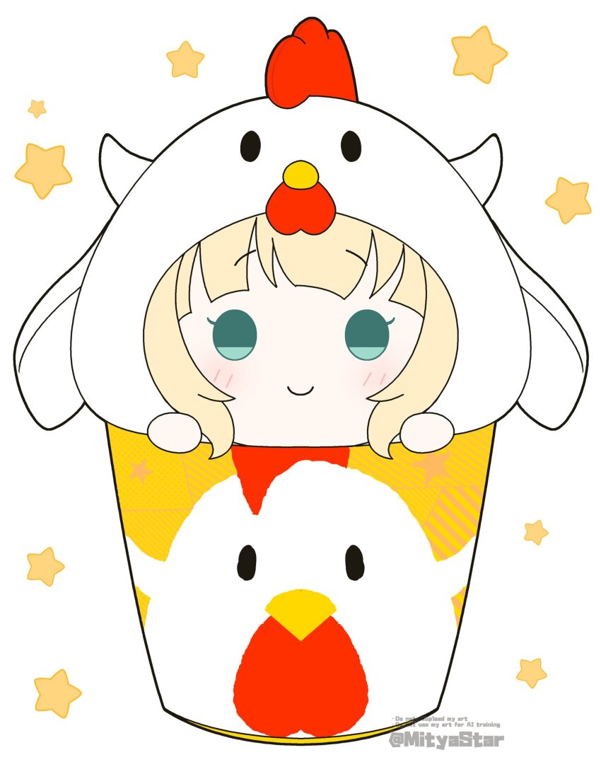 1girl, blonde_hair, blue_eyes, blush, chibi, chicken_hood, closed_mouth, commentary_request