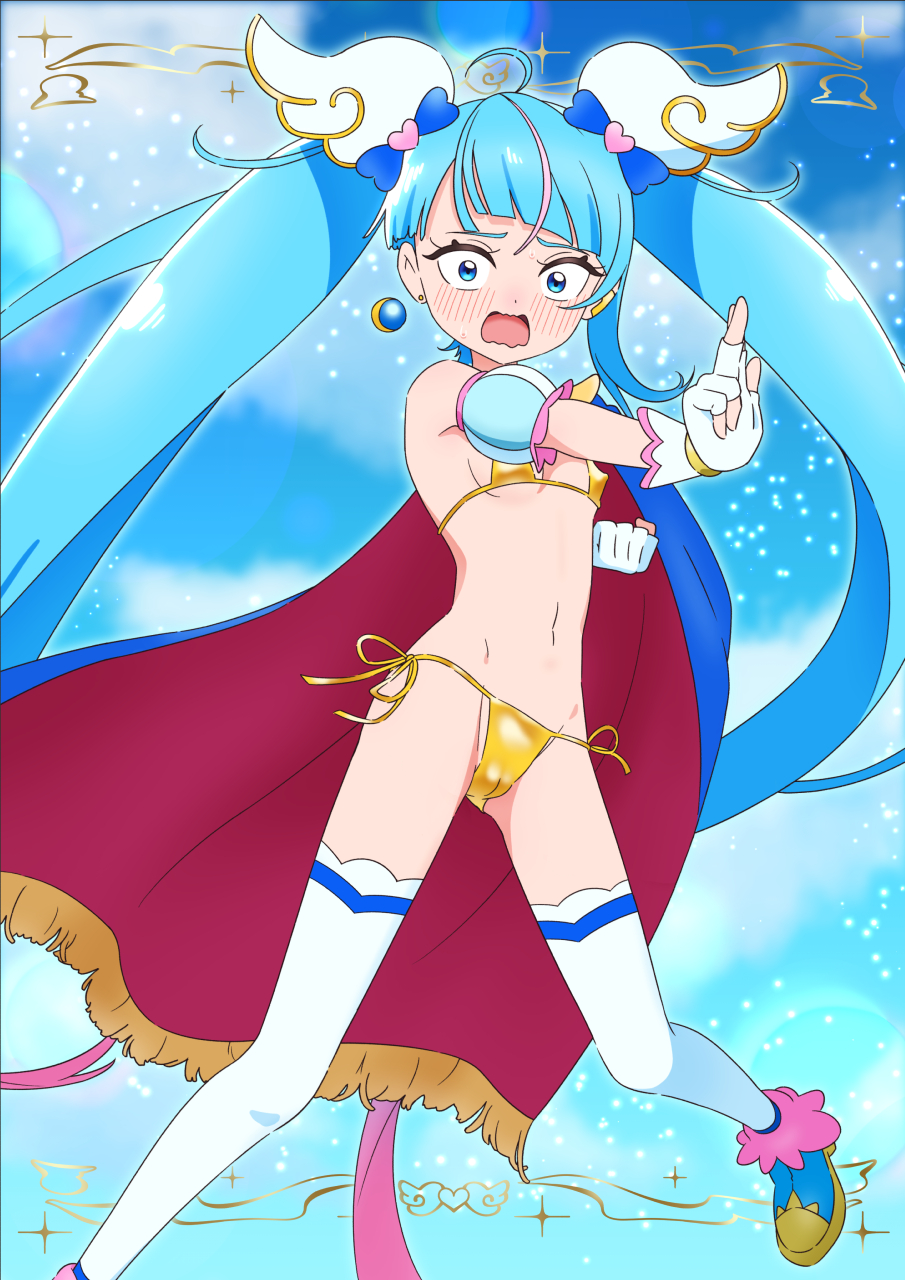 1girl, ahoge, bikini, blue_bow, blue_cape, blue_eyes, blue_hair, blue_shoes, blush, bow, breasts, cape, cure_sky, detached_sleeves, earrings, embarrassed, fingerless_gloves, frills, gloves, gold_bikini, hair_bow, hair_ornament, highres, hirogaru_sky!_precure, jewelry, long_hair, looking_at_viewer, magical_girl, navel, open_mouth, pink_bow, precure, puffy_detached_sleeves, puffy_sleeves, sekine_akira, shoes, side-tie_bikini_bottom, single_sidelock, small_breasts, solo, sora_harewataru, swimsuit, thighhighs, tiler_(tiler00), two-sided_cape, two-sided_fabric, undercut, very_long_hair, voice_actor_connection, white_gloves, wing_hair_ornament