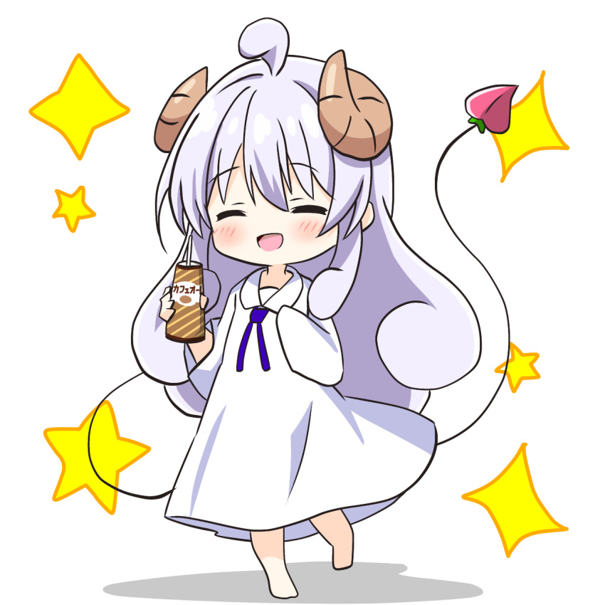 1girl, :d, ^_^, ahoge, barefoot, blush, brown_horns, cafe_au_lait