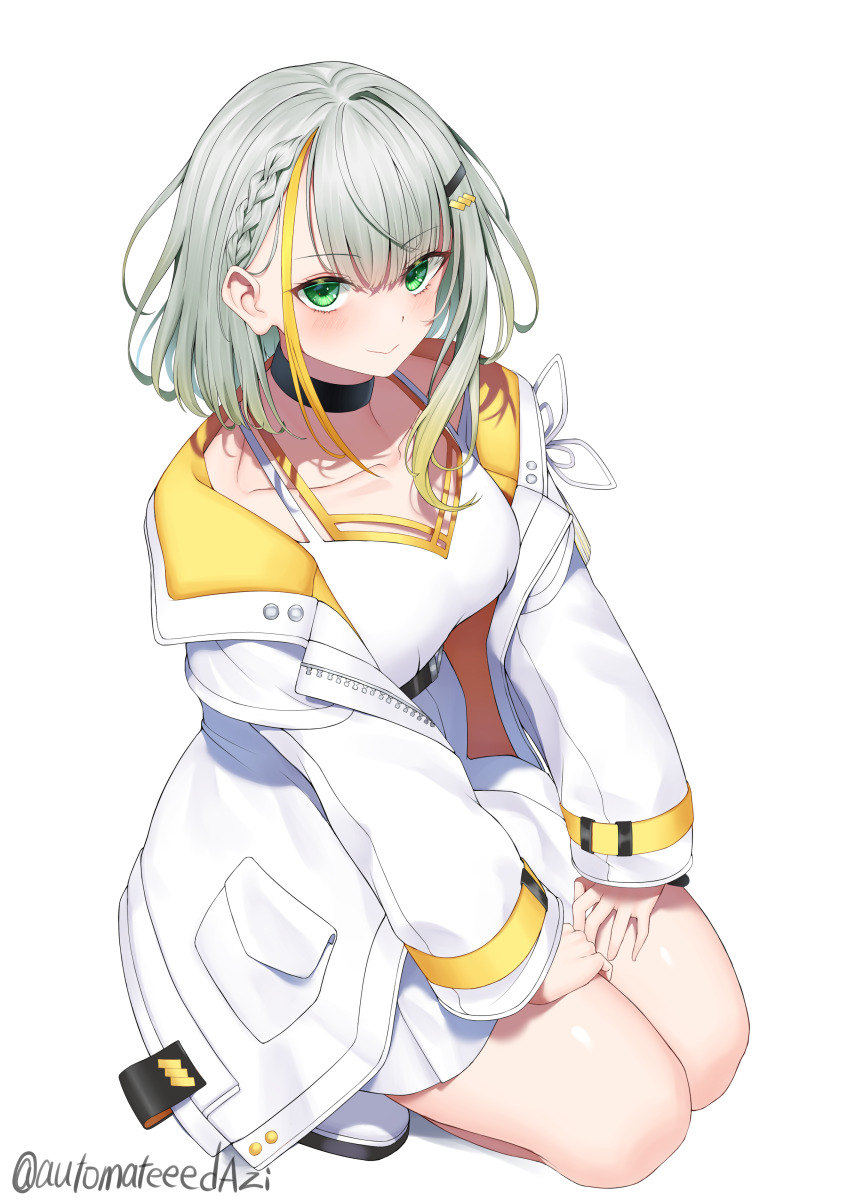 1girl, a.i._voice, absurdres, asymmetrical_hair, bare_legs, black_choker, blonde_hair, blush