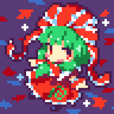 1girl, bow, dotpict_(medium), dress, green_hair, kagiyama_hina, kumamoto_(bbtonhk2), lowres