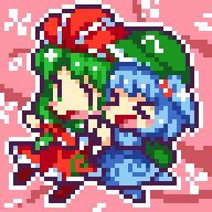 2girls, chibi, dotpict_(medium), kagiyama_hina, kawashiro_nitori, kumamoto_(bbtonhk2), lowres, multiple_girls