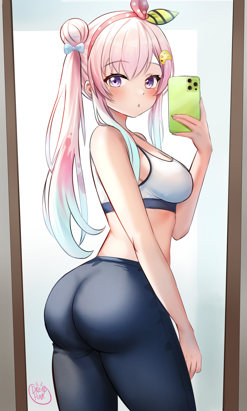 1girl, absurdres, airani_iofifteen, ass, blue_bow, blue_hair, blue_pants, blush, bow, breasts, cellphone, commentary, dreadpunk, english_commentary, gradient_hair, green_hairband, hair_bow, hair_bun, hair_ornament, hairband, highres, holding, holding_phone, hololive, hololive_indonesia, long_hair, looking_at_mirror, medium_breasts, midriff, mirror, mirror_selfie, multicolored_hair, multicolored_hairband, palette_hair_ornament, pants, phone, pink_hair, pink_hairband, purple_eyes, reflection, selfie, side_ponytail, signature, single_hair_bun, smartphone, solo, sports_bra, standing, taking_picture, tight_clothes, twisted_torso, two-tone_hairband, virtual_youtuber, white_sports_bra, workout_clothes, yoga_pants
