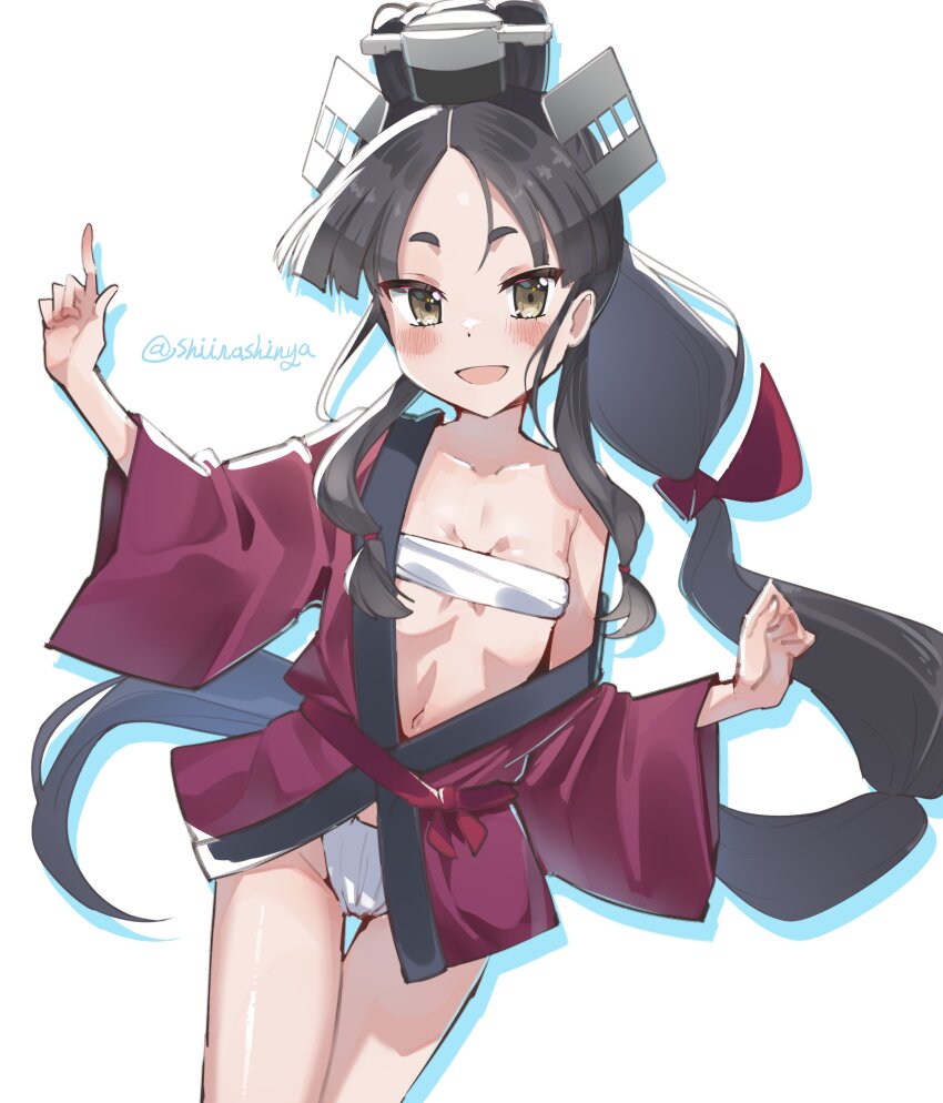 1girl, absurdres, black_hair, breasts, brown_eyes, commentary_request, fundoshi, headgear