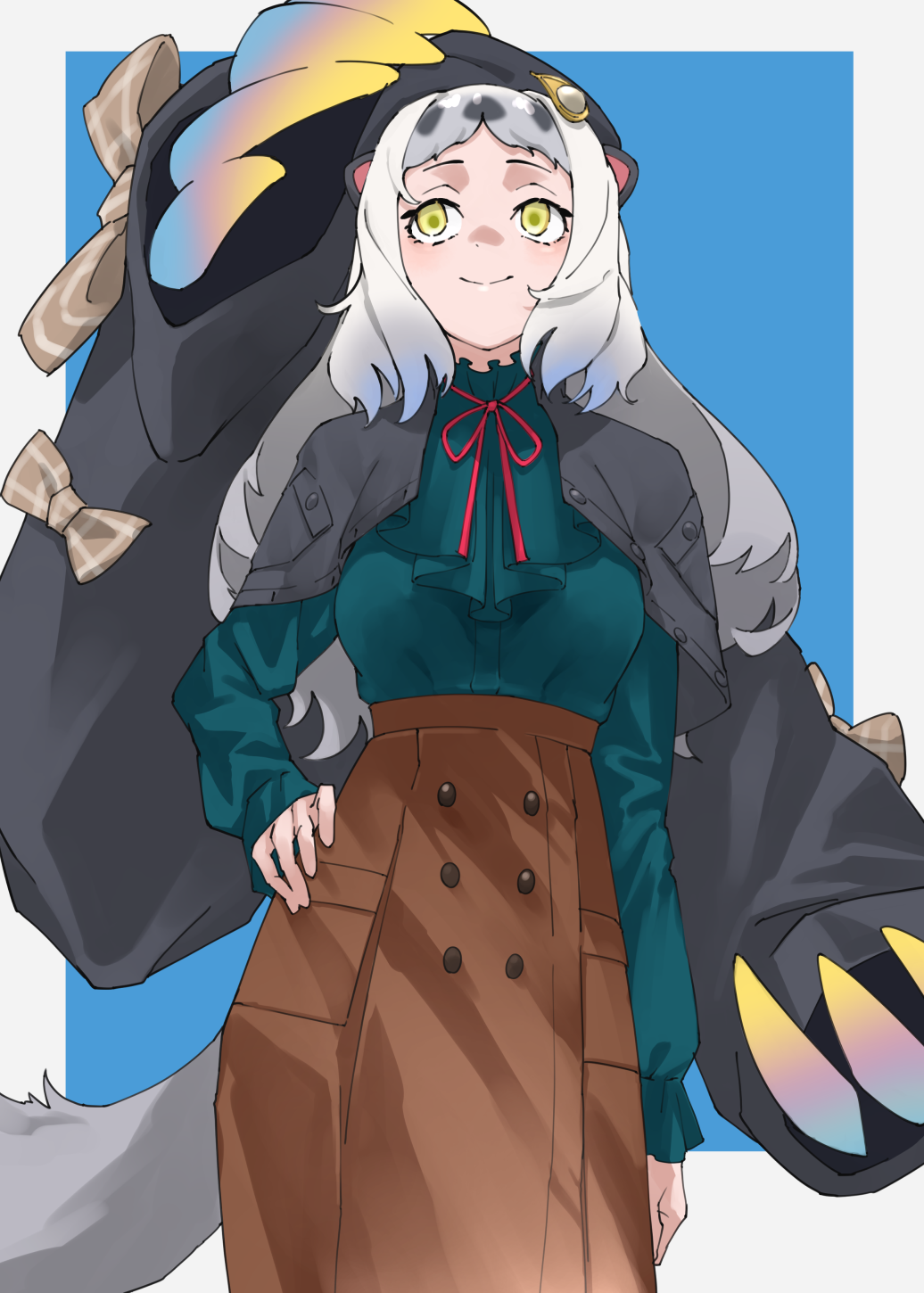 1girl, animal_ears, arm_at_side, black_jacket, blue_background, border, bow, bowtie