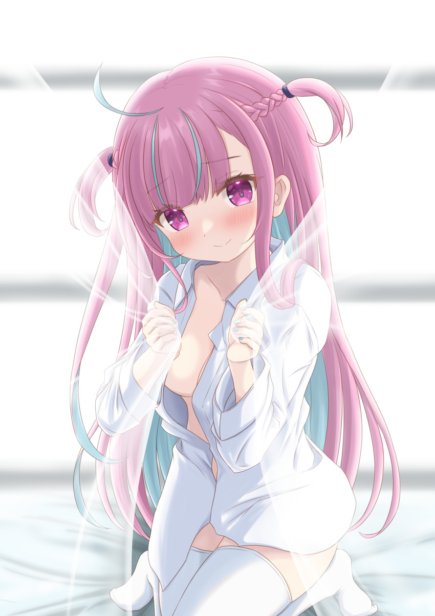 1girl, absurdres, ahoge, aqua_hair, aqua_nails, bed_sheet, blush, braid