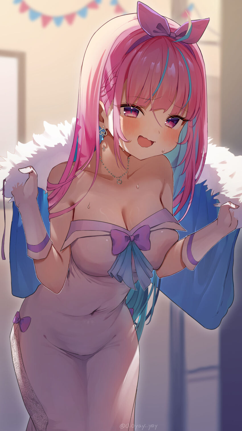 00s1g00, 1girl, absurdres, adapted_costume, ahoge, aqua_hair, blurry, blurry_background, blush, bow, braid, breasts, cleavage, collarbone, colored_inner_hair, covered_groin, covered_navel, dress, earrings, gloves, heart, heart_earrings, highres, hololive, jewelry, large_breasts, long_hair, looking_at_viewer, minato_aqua, minato_aqua_(aqua_iro_super_dream), multicolored_hair, open_mouth, pink_bow, pink_eyes, pink_hair, sleeveless, sleeveless_dress, smile, solo, streaked_hair, string_of_flags, sweat, tight_clothes, tight_dress, twitter_username, two-tone_hair, virtual_youtuber, white_dress, white_gloves