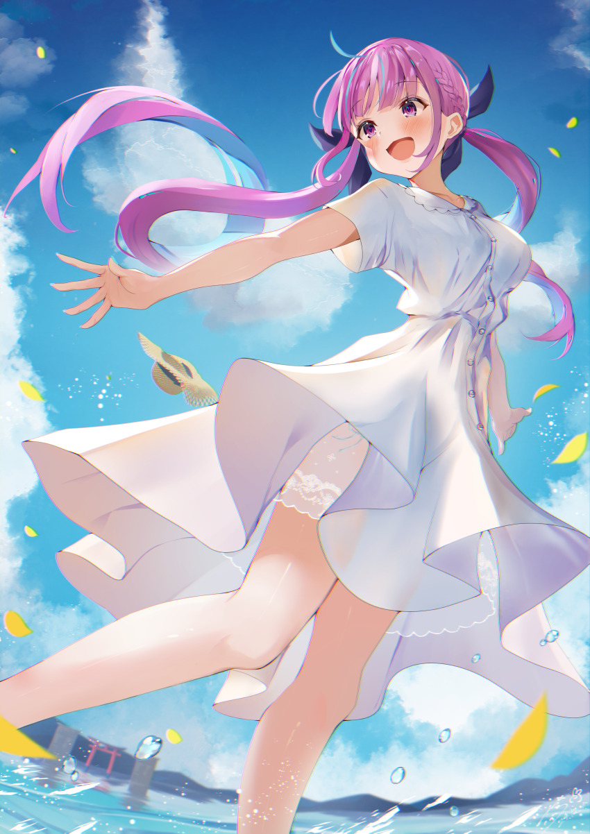 1girl, 8.32_(vocaloid), absurdres, ahoge, aqua_nails, blue_ribbon, blue_sky, blush, braid, breasts, colored_inner_hair, commentary, day, dress, english_commentary, fingernails, hair_ribbon, hat, highres, hololive, kairono3jou, large_breasts, long_hair, minato_aqua, mountainous_horizon, multicolored_hair, nail_polish, open_mouth, outdoors, pink_eyes, pink_hair, ribbon, short_sleeves, signature, sky, smile, solo, streaked_hair, sun_hat, thighs, torii, twintails, two-tone_hair, unworn_hat, unworn_headwear, virtual_youtuber, water_drop, white_dress