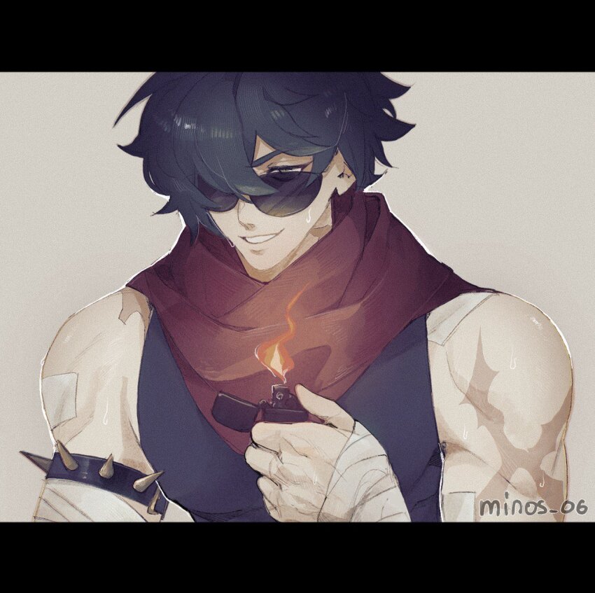 1boy, bandaged_hand, bandages, commentary, green_eyes, green_hair, hair_over_one_eye, hashtag-only_commentary