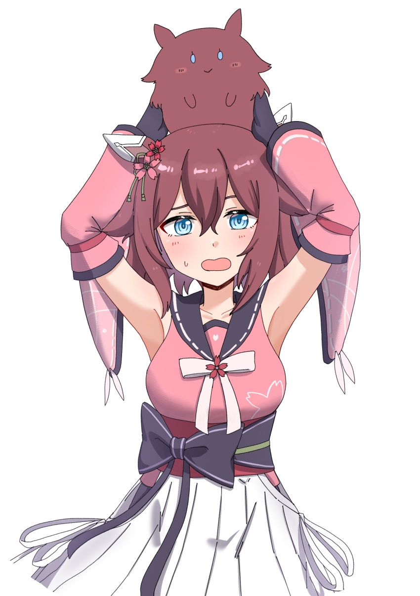 1girl, absurdres, animal_ears, blue_eyes, blush, breasts, collarbone, commentary_request, creature, detached_sleeves, flower, hair_between_eyes, hair_flaps, hair_flower, hair_ornament, highres, horse_ears, horse_girl, looking_at_viewer, matsuba_mattsu, medium_breasts, open_mouth, ribbon, sakura_chiyono_o_(strength_in_full_bloom)_(umamusume), sakura_chiyono_o_(umamusume), smile, solo, umamusume, white_background