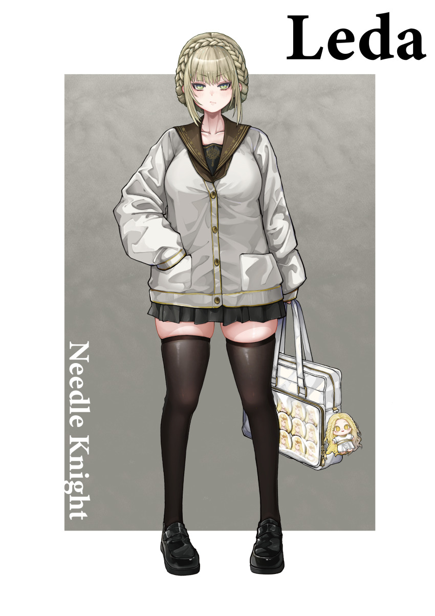 1girl, absurdres, alternate_costume, bag, black_sailor_collar, black_shoes, black_skirt, black_thighhighs, blonde_hair, blush, border, braid, buttons, character_doll, character_name, closed_mouth, commentary_request, contemporary, crown_braid, doll, elden_ring, elden_ring:_shadow_of_the_erdtree, full_body, grey_background, hand_in_pocket, highres, holding, holding_bag, jacket, long_sleeves, looking_at_viewer, miniskirt, miquella_(elden_ring), needle_knight_leda, outside_border, pocket, sailor_collar, school_bag, school_uniform, shoes, short_hair, simple_background, skirt, solo, thighhighs, thighs, white_bag, white_border, white_jacket, xoo_(pixiv_100957810), yellow_eyes
