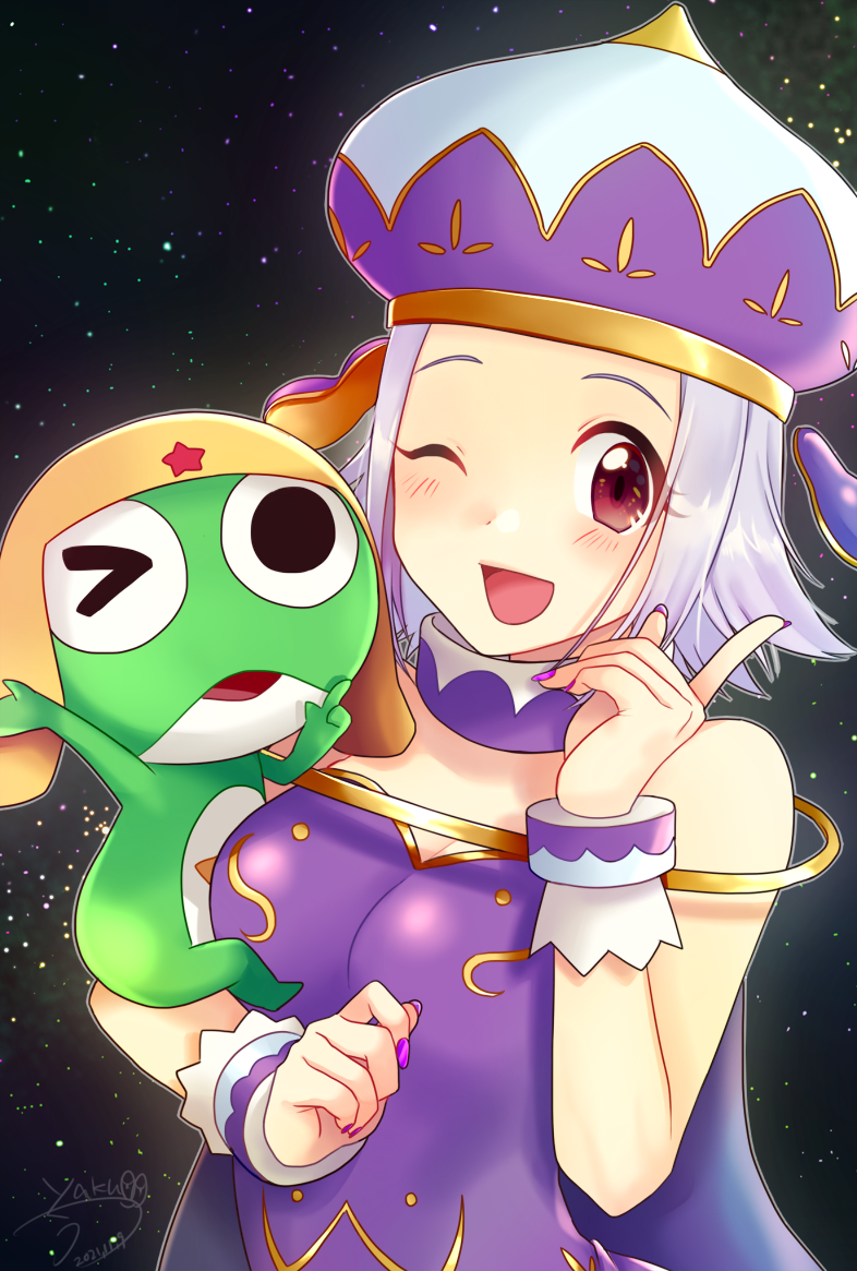 1boy, 1girl, ;d, angol_mois, angol_mois_(angol_form), blush, brown_eyes, dated