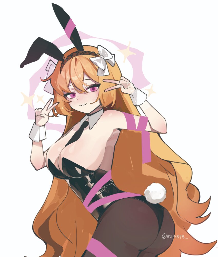 1girl, absurdres, alternate_costume, animal_ears, black_leotard, detached_collar, fake_animal_ears, fake_tail, highres, ishmael_(project_moon), leotard, limbus_company, mts098, orange_hair, pantyhose, pink_eyes, playboy_bunny, project_moon, rabbit_ears, rabbit_tail, solo, strapless, strapless_leotard, tail, wrist_cuffs