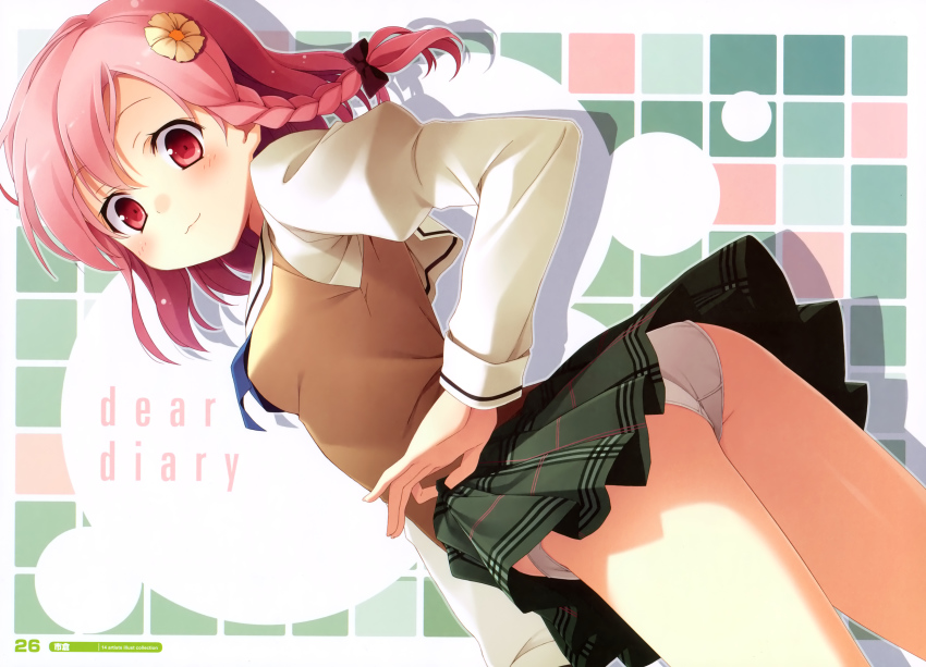 1girl, :3, absurdres, blush, bow, braid, clothes_lift, female_focus